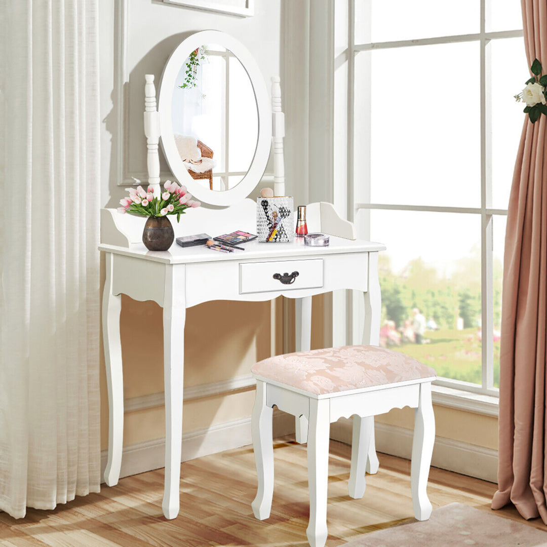 Vanity Wood Makeup Dressing Table Stool Set w/ Drawer and Mirror Jewelry Desk White Image 4