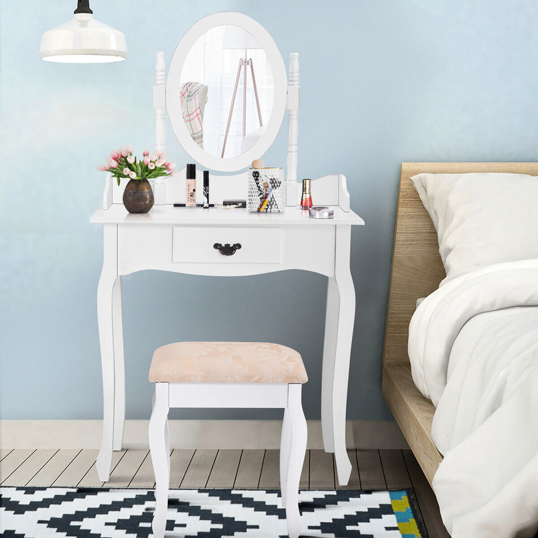 Vanity Wood Makeup Dressing Table Stool Set w/ Drawer and Mirror Jewelry Desk White Image 5