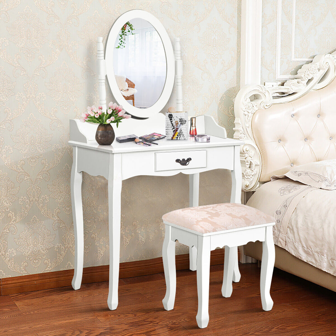 Vanity Wood Makeup Dressing Table Stool Set w/ Drawer and Mirror Jewelry Desk White Image 6