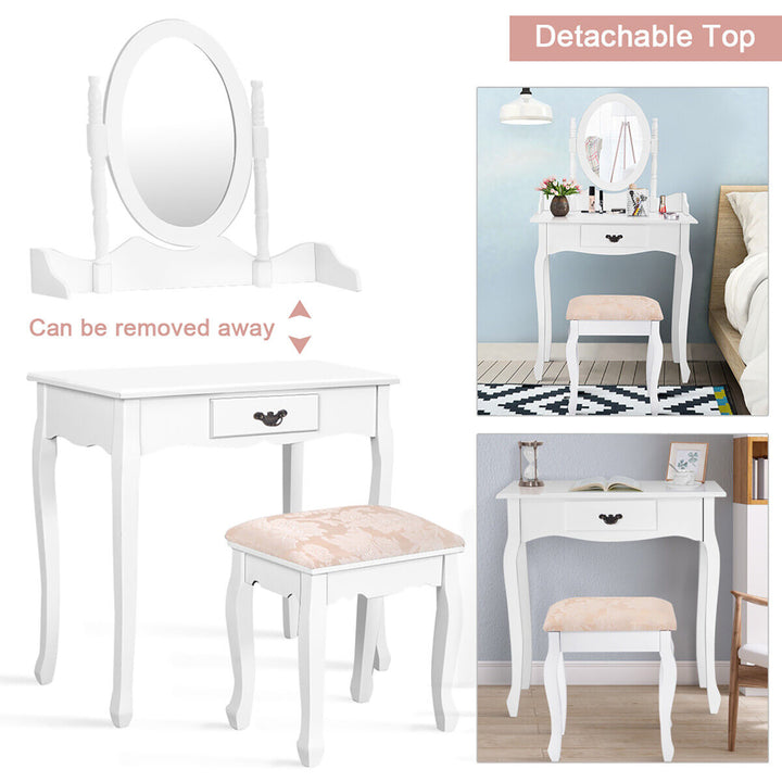 Vanity Wood Makeup Dressing Table Stool Set w/ Drawer and Mirror Jewelry Desk White Image 8