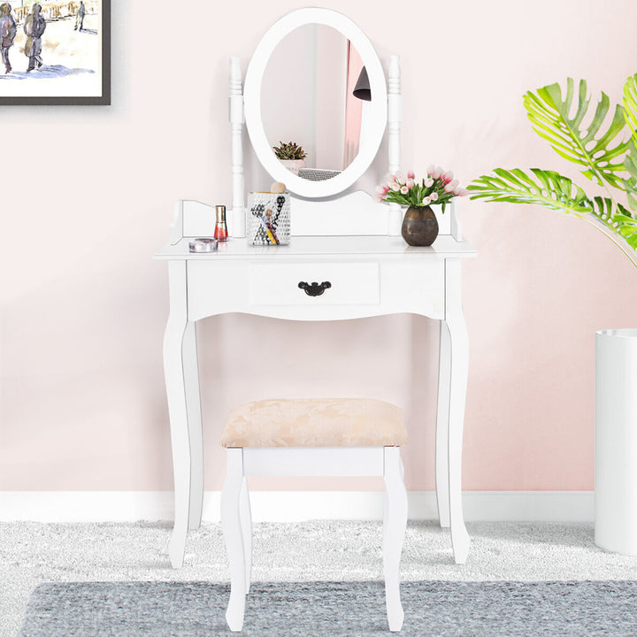 Vanity Wood Makeup Dressing Table Stool Set w/ Drawer and Mirror Jewelry Desk White Image 9