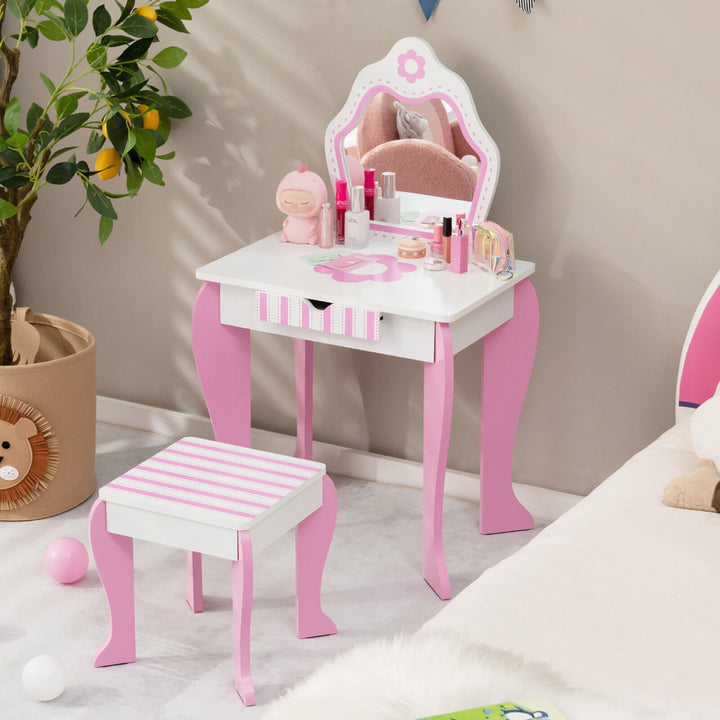 Kid Vanity Set Wooden Makeup Table Stool w/ Mirror Flower Print Pink and White Image 1