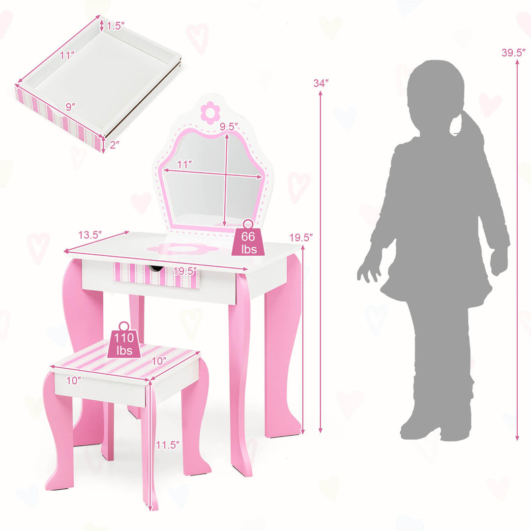 Kid Vanity Set Wooden Makeup Table Stool w/ Mirror Flower Print Pink and White Image 2