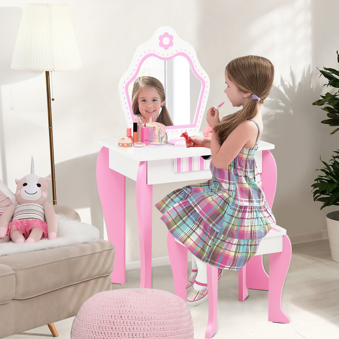 Kid Vanity Set Wooden Makeup Table Stool w/ Mirror Flower Print Pink and White Image 3