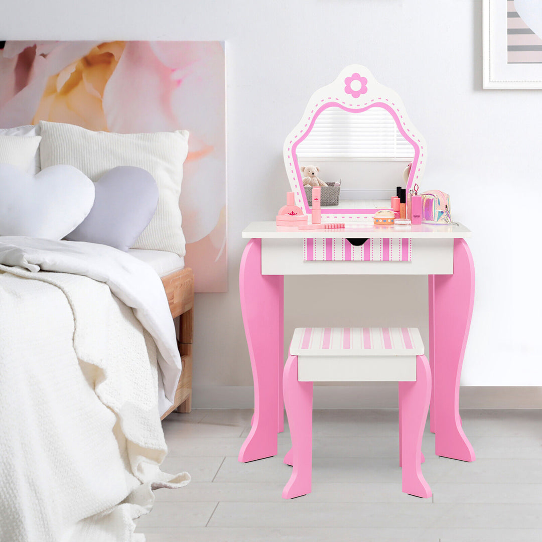 Kid Vanity Set Wooden Makeup Table Stool w/ Mirror Flower Print Pink and White Image 4