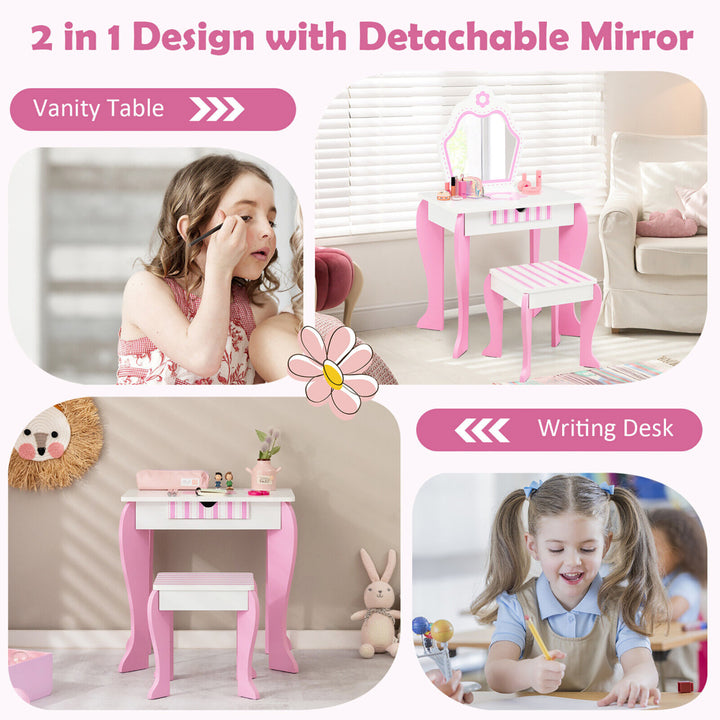 Kid Vanity Set Wooden Makeup Table Stool w/ Mirror Flower Print Pink and White Image 6