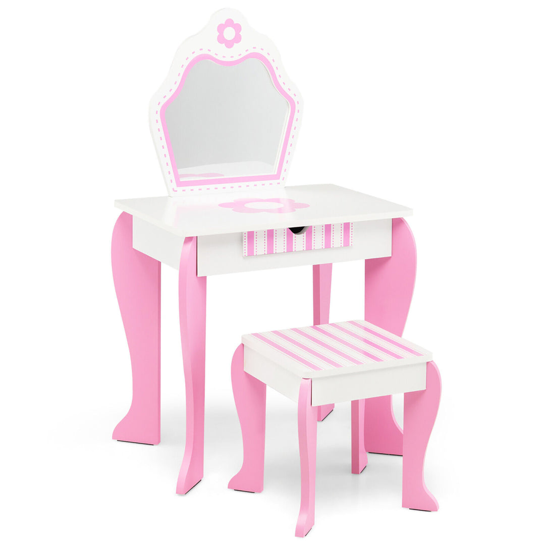 Kid Vanity Set Wooden Makeup Table Stool w/ Mirror Flower Print Pink and White Image 9