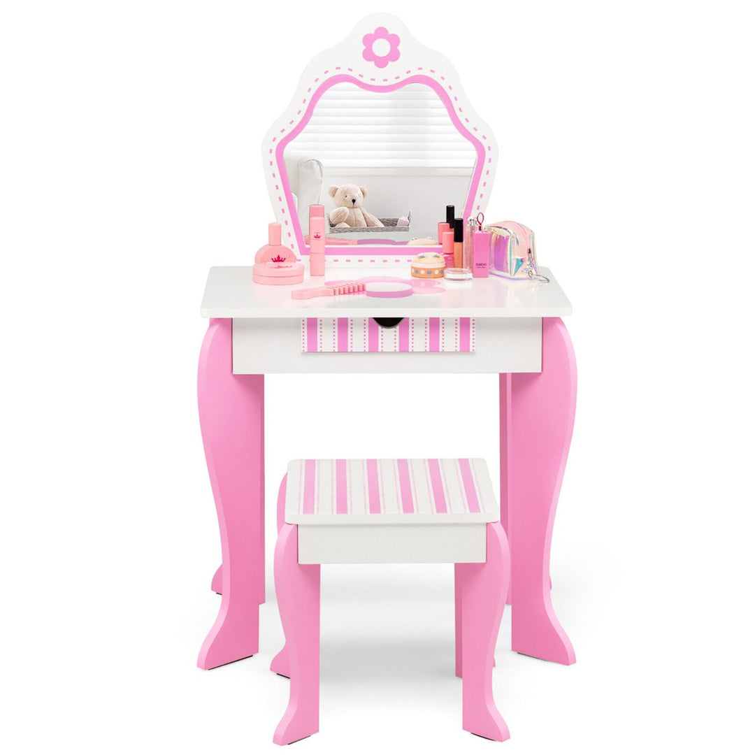 Kid Vanity Set Wooden Makeup Table Stool w/ Mirror Flower Print Pink and White Image 10