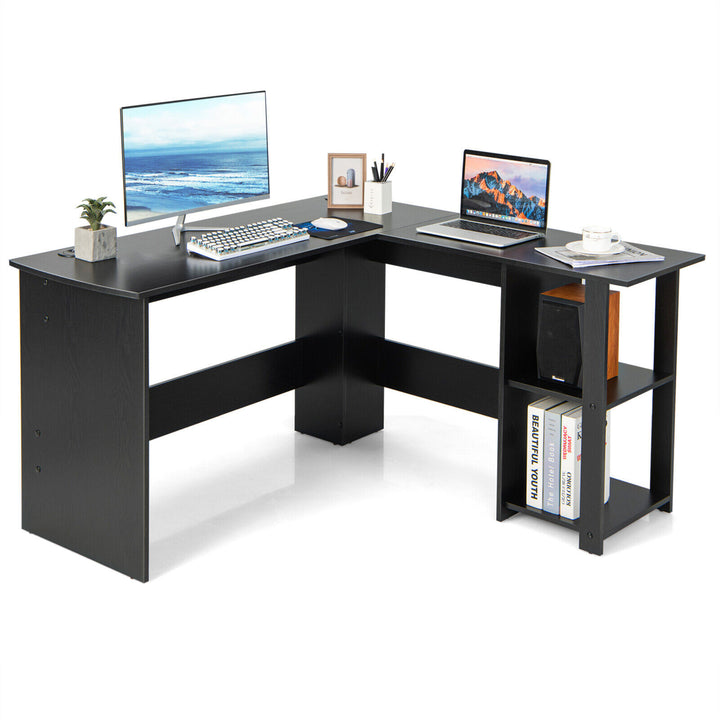 L-Shaped Office Computer Desk w/ Spacious Desktop and 2-Tier Open Shelves Black Image 1