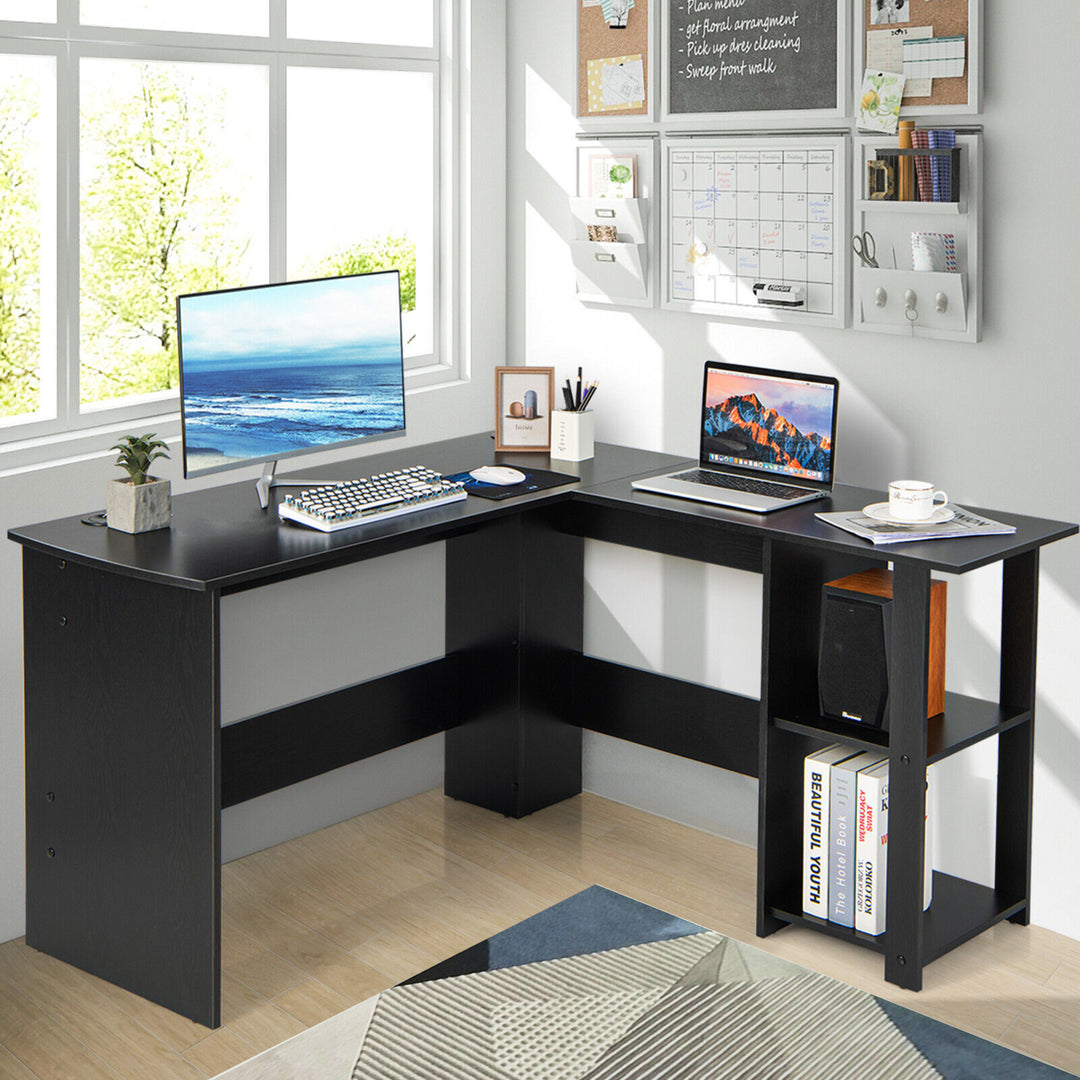 L-Shaped Office Computer Desk w/ Spacious Desktop and 2-Tier Open Shelves Black Image 2