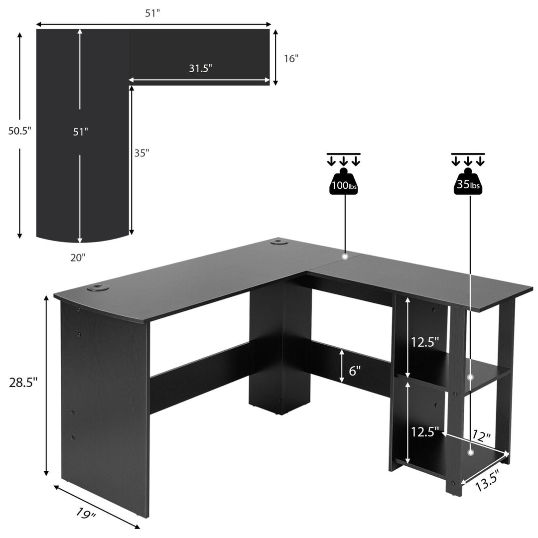 L-Shaped Office Computer Desk w/ Spacious Desktop and 2-Tier Open Shelves Black Image 3