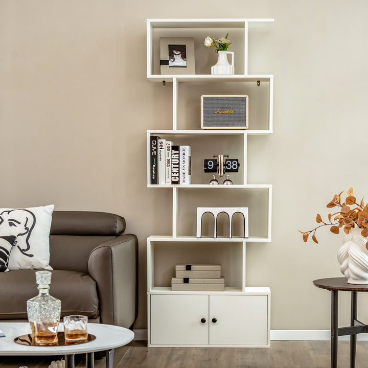 2PCS 6-tier Geometric Bookcase S-shaped Z-shelf Bookshelf Cabinet w/ Doors White Image 2