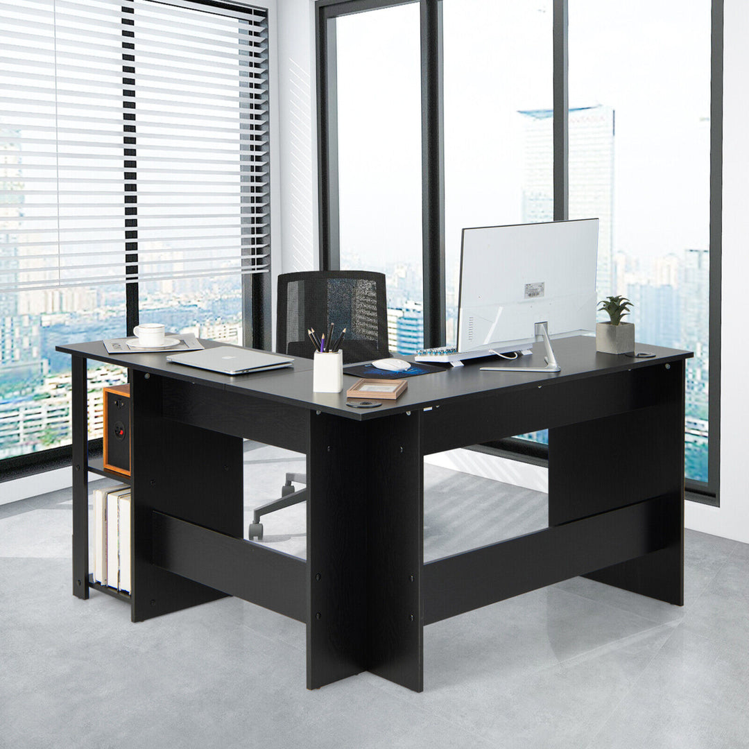 L-Shaped Office Computer Desk w/ Spacious Desktop and 2-Tier Open Shelves Black Image 5