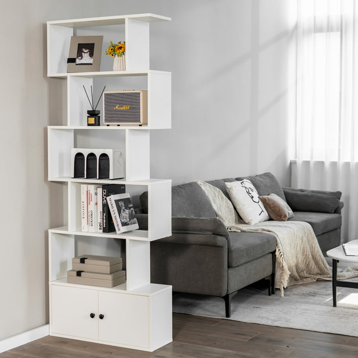 2PCS 6-tier Geometric Bookcase S-shaped Z-shelf Bookshelf Cabinet w/ Doors White Image 3