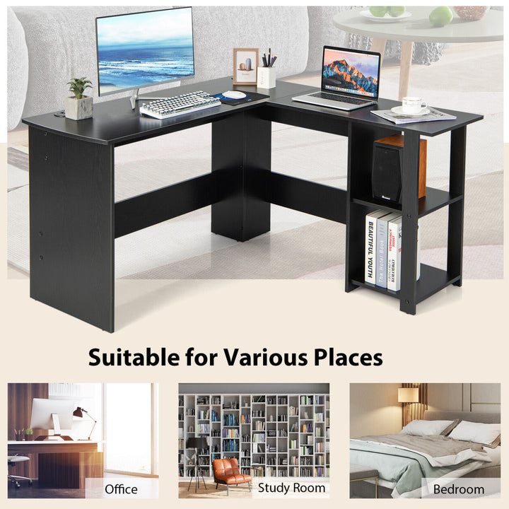 L-Shaped Office Computer Desk w/ Spacious Desktop and 2-Tier Open Shelves Black Image 7