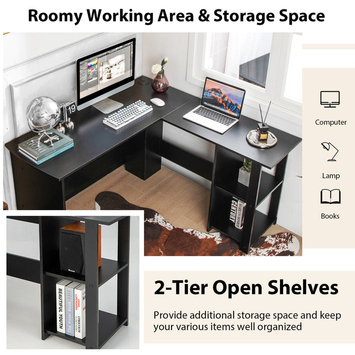 L-Shaped Office Computer Desk w/ Spacious Desktop and 2-Tier Open Shelves Black Image 8