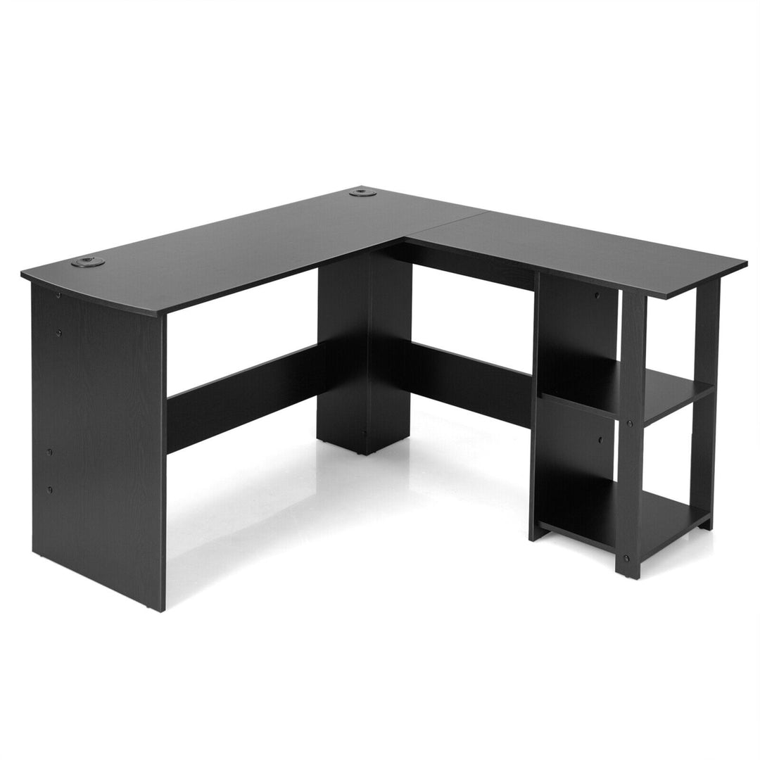 L-Shaped Office Computer Desk w/ Spacious Desktop and 2-Tier Open Shelves Black Image 10