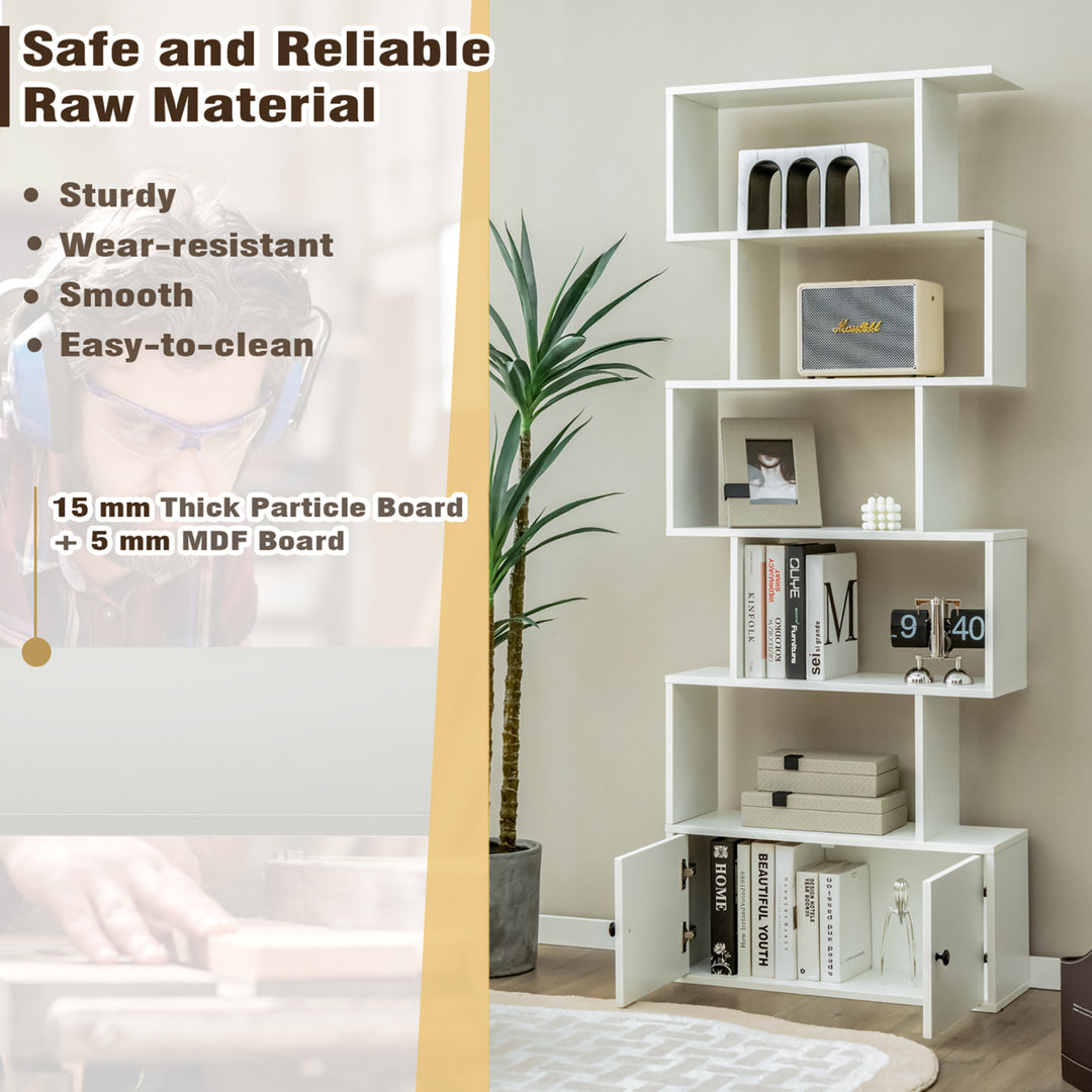 2PCS 6-tier Geometric Bookcase S-shaped Z-shelf Bookshelf Cabinet w/ Doors White Image 6