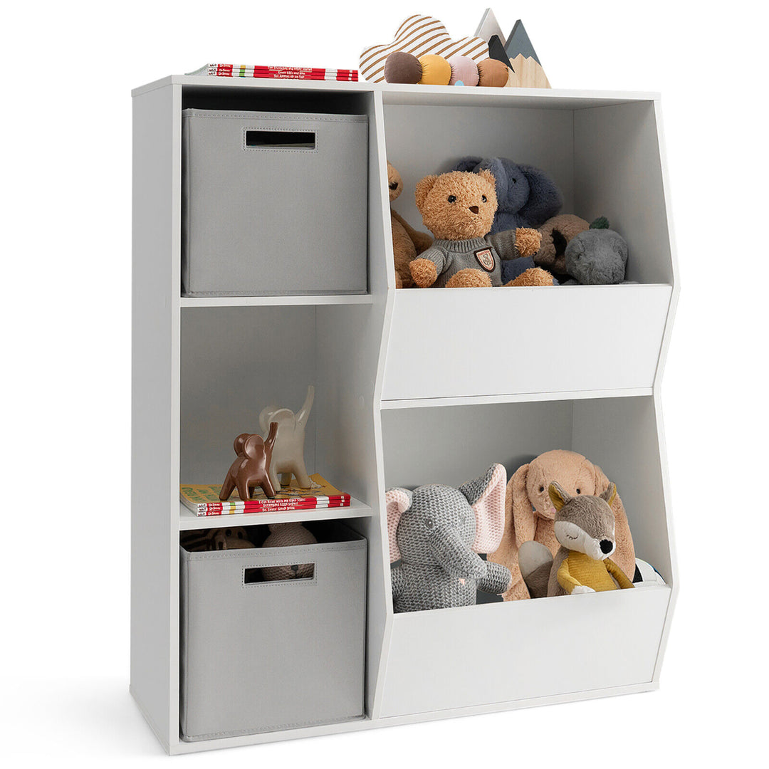 Kids Toy Storage Organizer 5 Cubbies Wooden Bookshelf Display Cabinet w/ Drawers Image 1