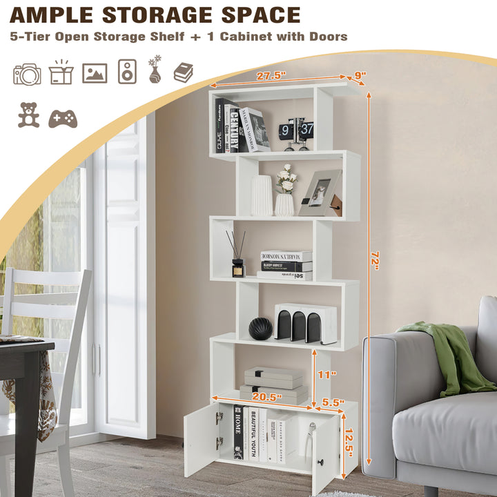 2PCS 6-tier Geometric Bookcase S-shaped Z-shelf Bookshelf Cabinet w/ Doors White Image 7