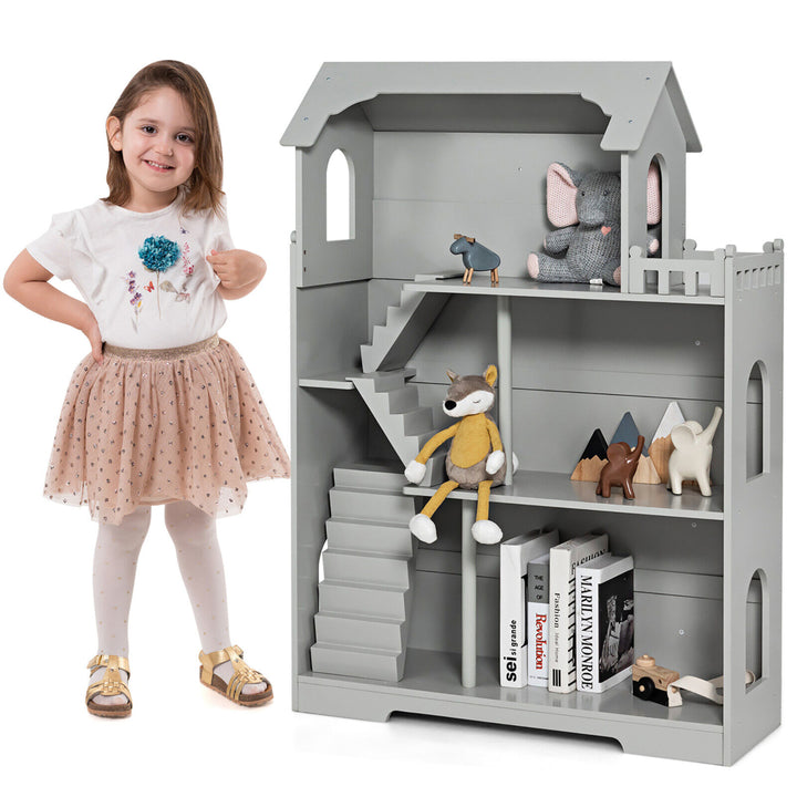 3-Tier Wooden Dollhouse Bookcase Childrens Bookshelf in Kids Room Gift for 3+ Grey Image 1