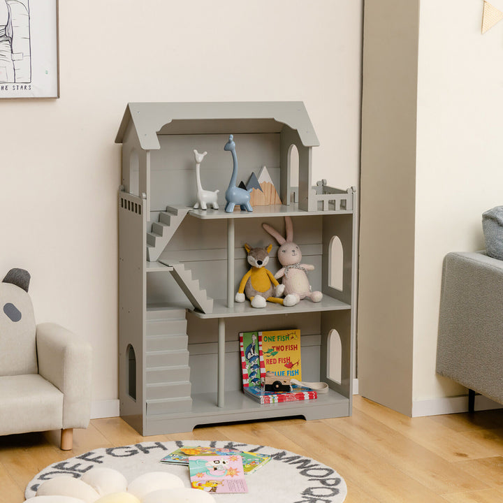 3-Tier Wooden Dollhouse Bookcase Childrens Bookshelf in Kids Room Gift for 3+ Grey Image 3