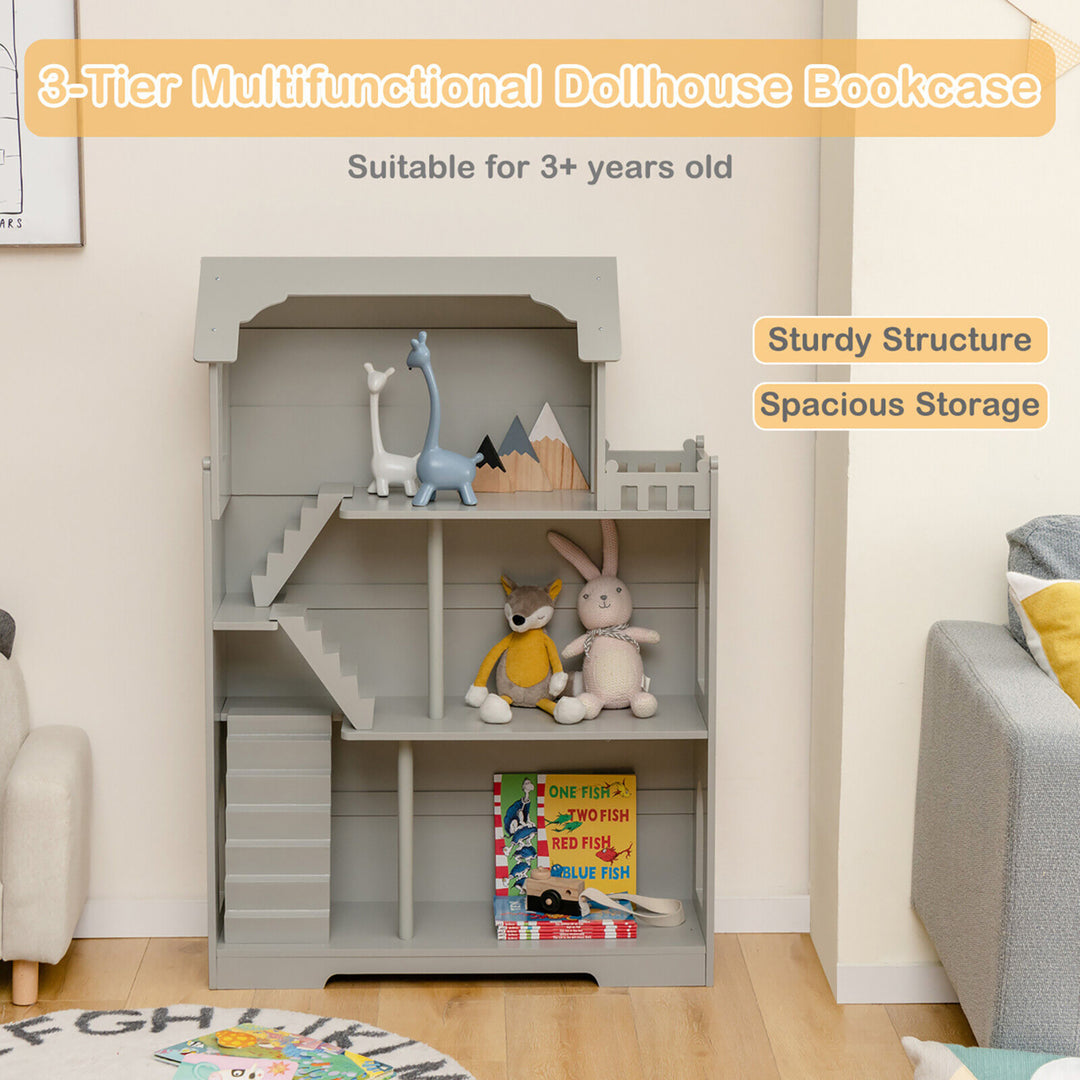 3-Tier Wooden Dollhouse Bookcase Childrens Bookshelf in Kids Room Gift for 3+ Grey Image 5