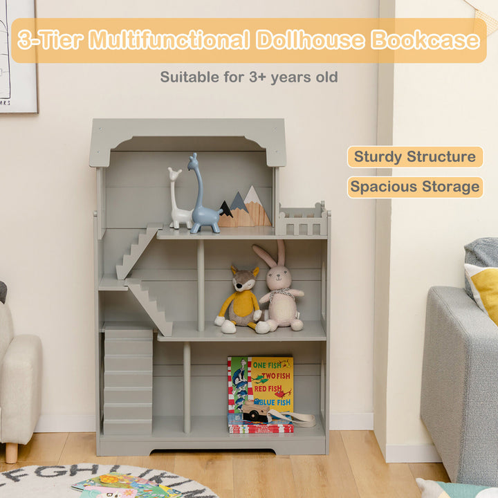 3-Tier Wooden Dollhouse Bookcase Childrens Bookshelf in Kids Room Gift for 3+ Grey Image 5