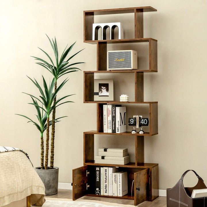 2 PCS Bookshelf w/ Cabinet 6-Tier S-Shaped Bookcase Storage Rack Rustic Brown Image 9