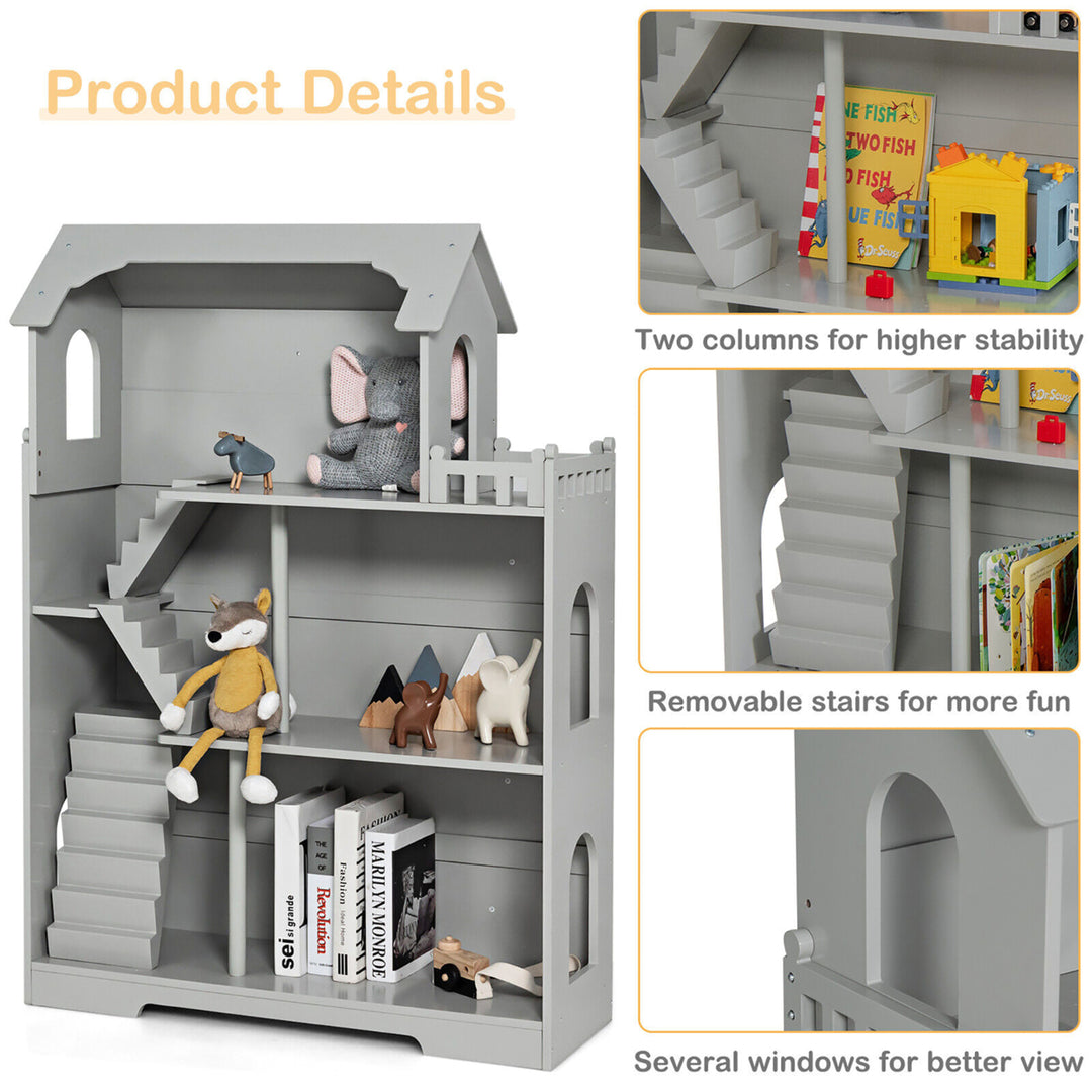 3-Tier Wooden Dollhouse Bookcase Childrens Bookshelf in Kids Room Gift for 3+ Grey Image 8