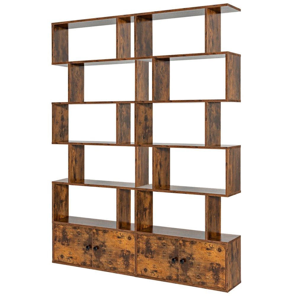 2 PCS Bookshelf w/ Cabinet 6-Tier S-Shaped Bookcase Storage Rack Rustic Brown Image 2