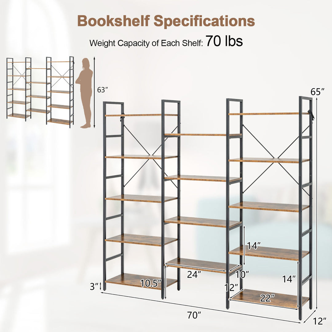 Triple Wide 5 Tiers Bookshelf Open Display Shelves w/ Metal Frame Rustic Brown Image 2