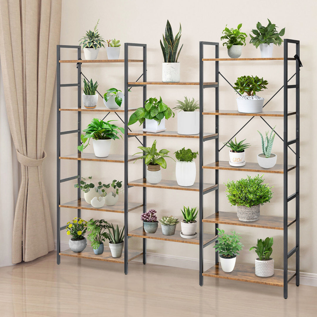 Triple Wide 5 Tiers Bookshelf Open Display Shelves w/ Metal Frame Rustic Brown Image 5