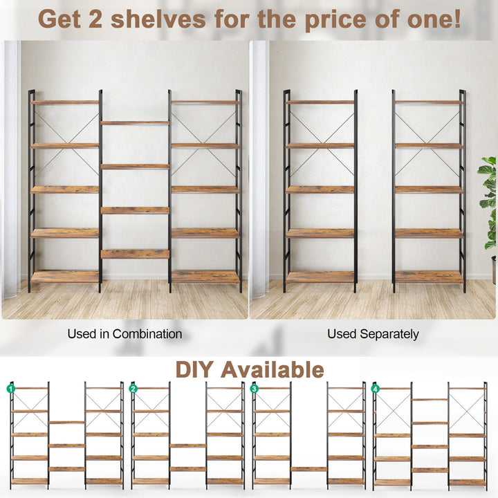 Triple Wide 5 Tiers Bookshelf Open Display Shelves w/ Metal Frame Rustic Brown Image 9