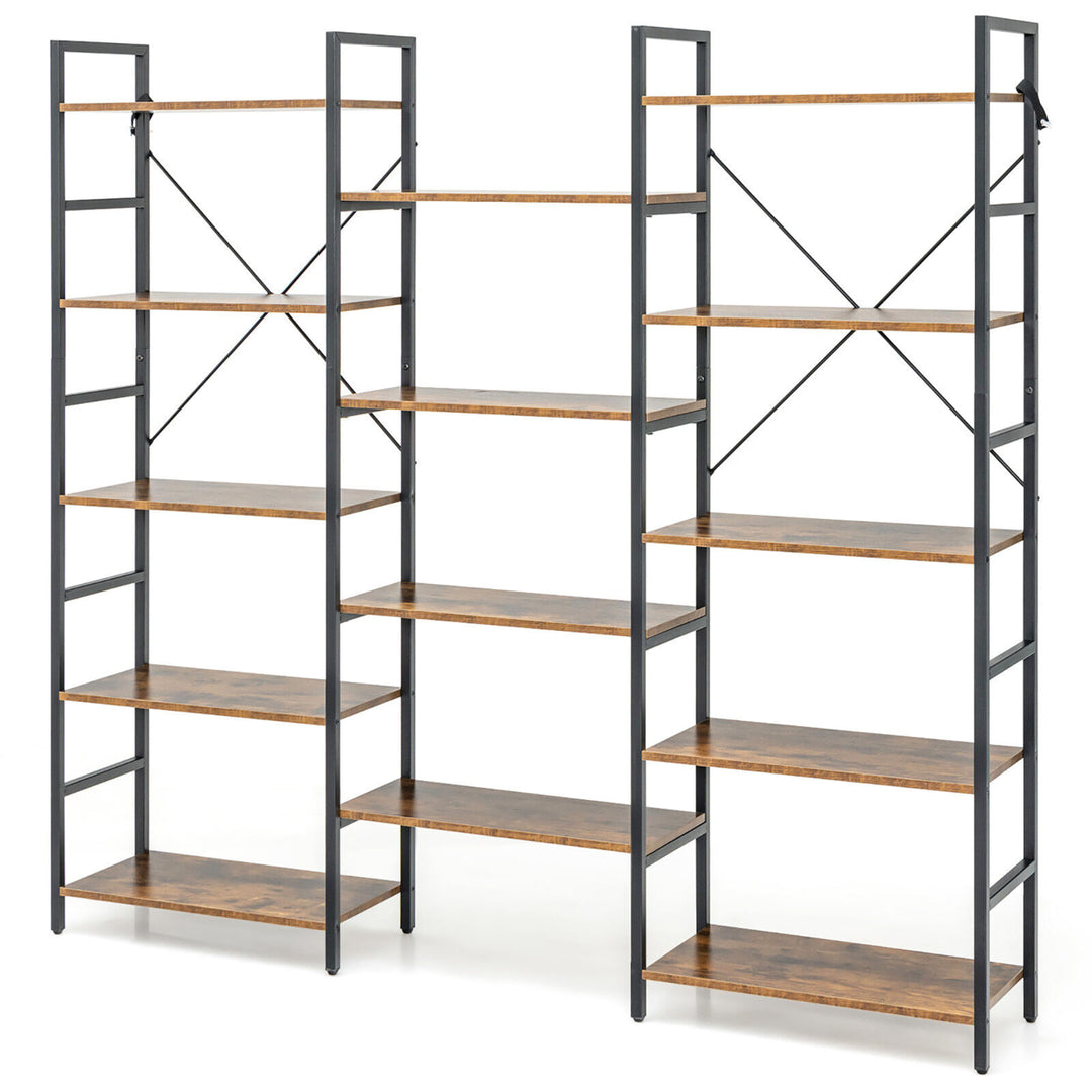 Triple Wide 5 Tiers Bookshelf Open Display Shelves w/ Metal Frame Rustic Brown Image 10