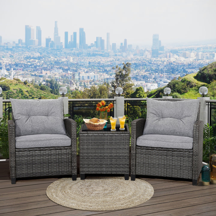 3PCS Patio Rattan Sofa Set Outdoor Wicker Conversation Set Glass Tabletop w/ Grey Cushion Image 1