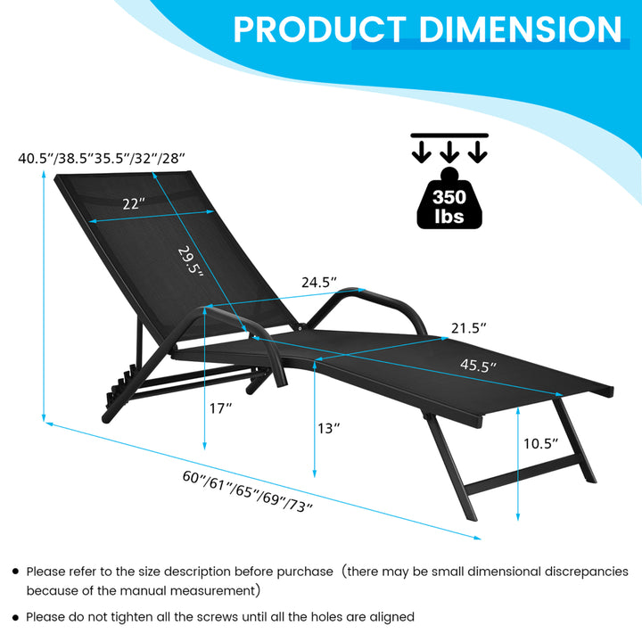 2PCS Outdoor Patio Chaise Reclining Lounge Chairs w/ 5-Position Adjust Backrest Image 3