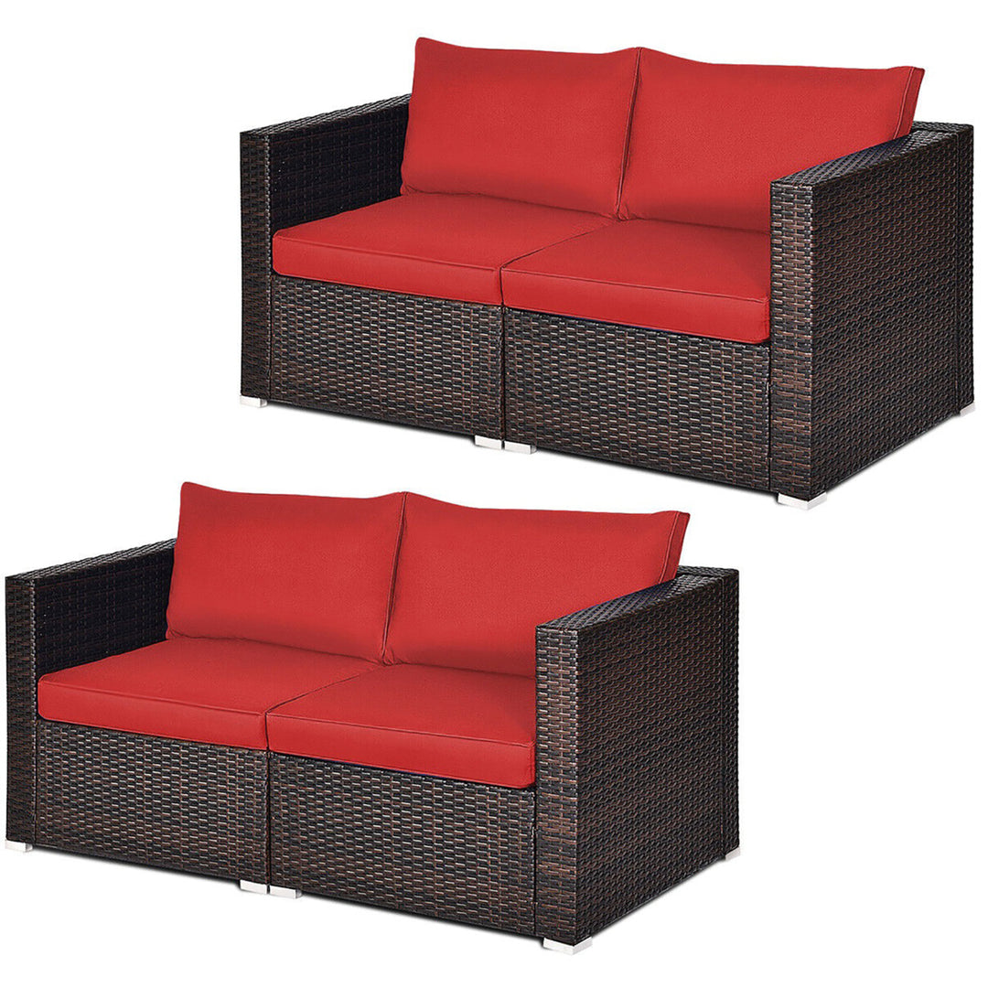 4PCS Rattan Corner Sofa Set Patio Outdoor Furniture Set w/ Red Cushions Image 1