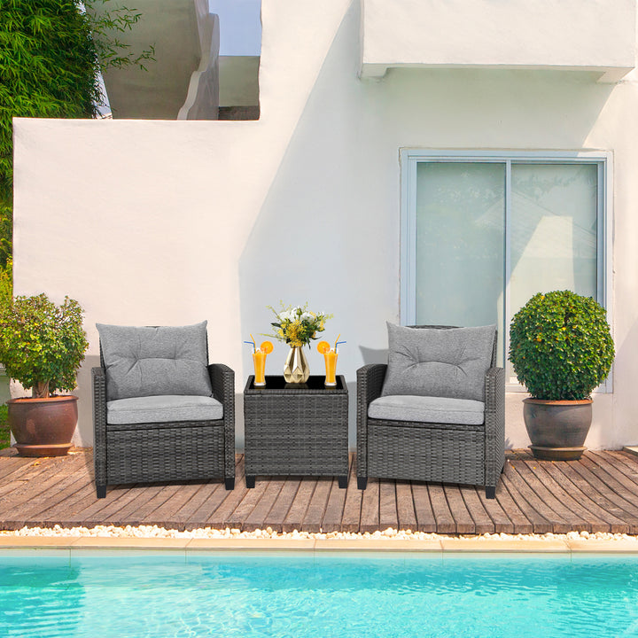 3PCS Patio Rattan Sofa Set Outdoor Wicker Conversation Set Glass Tabletop w/ Grey Cushion Image 4