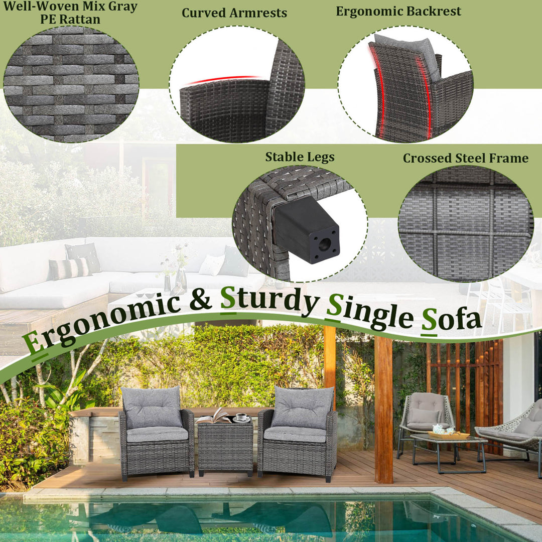 3PCS Patio Rattan Sofa Set Outdoor Wicker Conversation Set Glass Tabletop w/ Grey Cushion Image 6