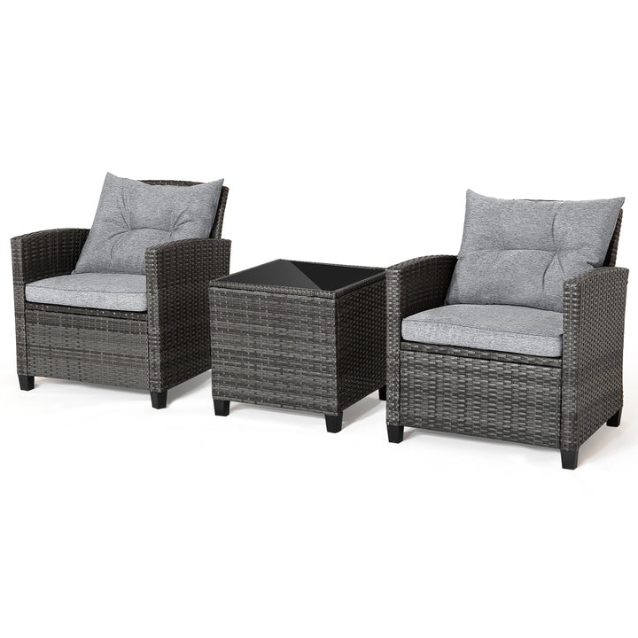 3PCS Patio Rattan Sofa Set Outdoor Wicker Conversation Set Glass Tabletop w/ Grey Cushion Image 9