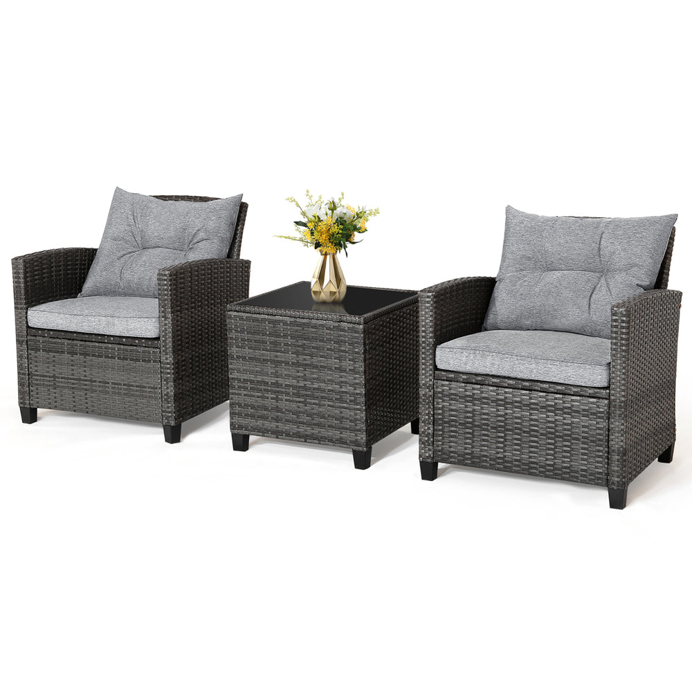 3PCS Patio Rattan Sofa Set Outdoor Wicker Conversation Set Glass Tabletop w/ Grey Cushion Image 2