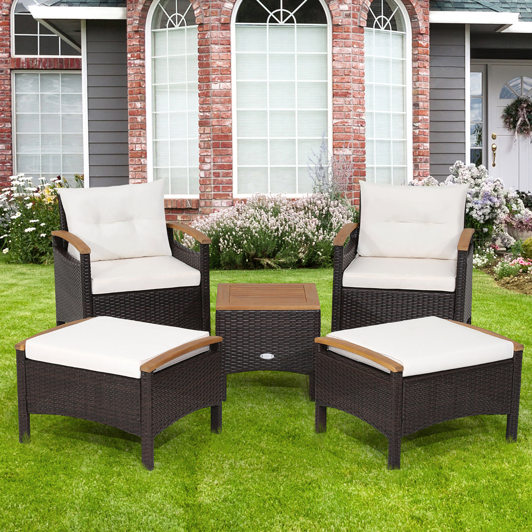 5PCS Outdoor Patio Rattan Furniture Set PE Wicker Lounge Chair w/ Wood Tabletop Image 1