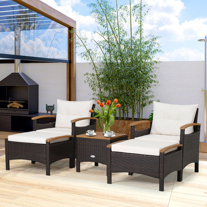 5PCS Outdoor Patio Rattan Furniture Set PE Wicker Lounge Chair w/ Wood Tabletop Image 10