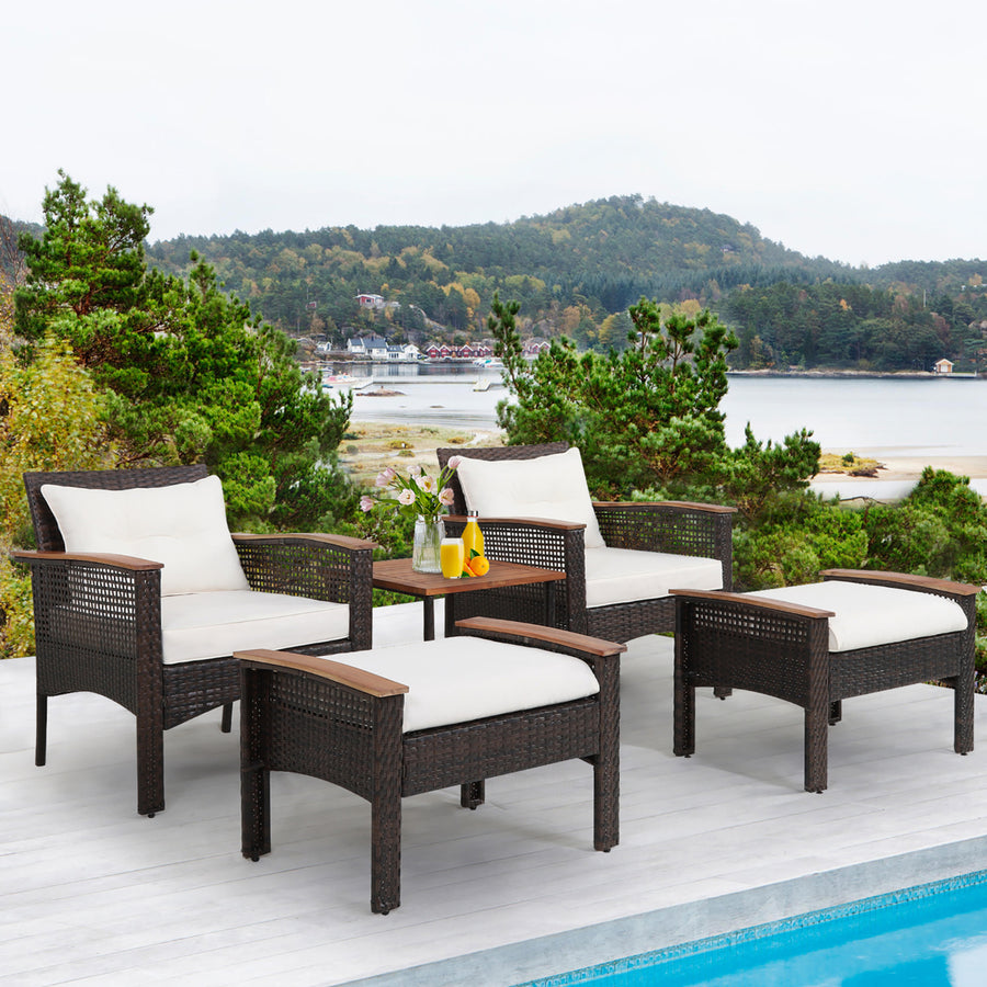 5 PCS Patio Rattan Sofa Set Outdoor Wicker Conversation Set w/ Coffee Table and Cushion Image 1