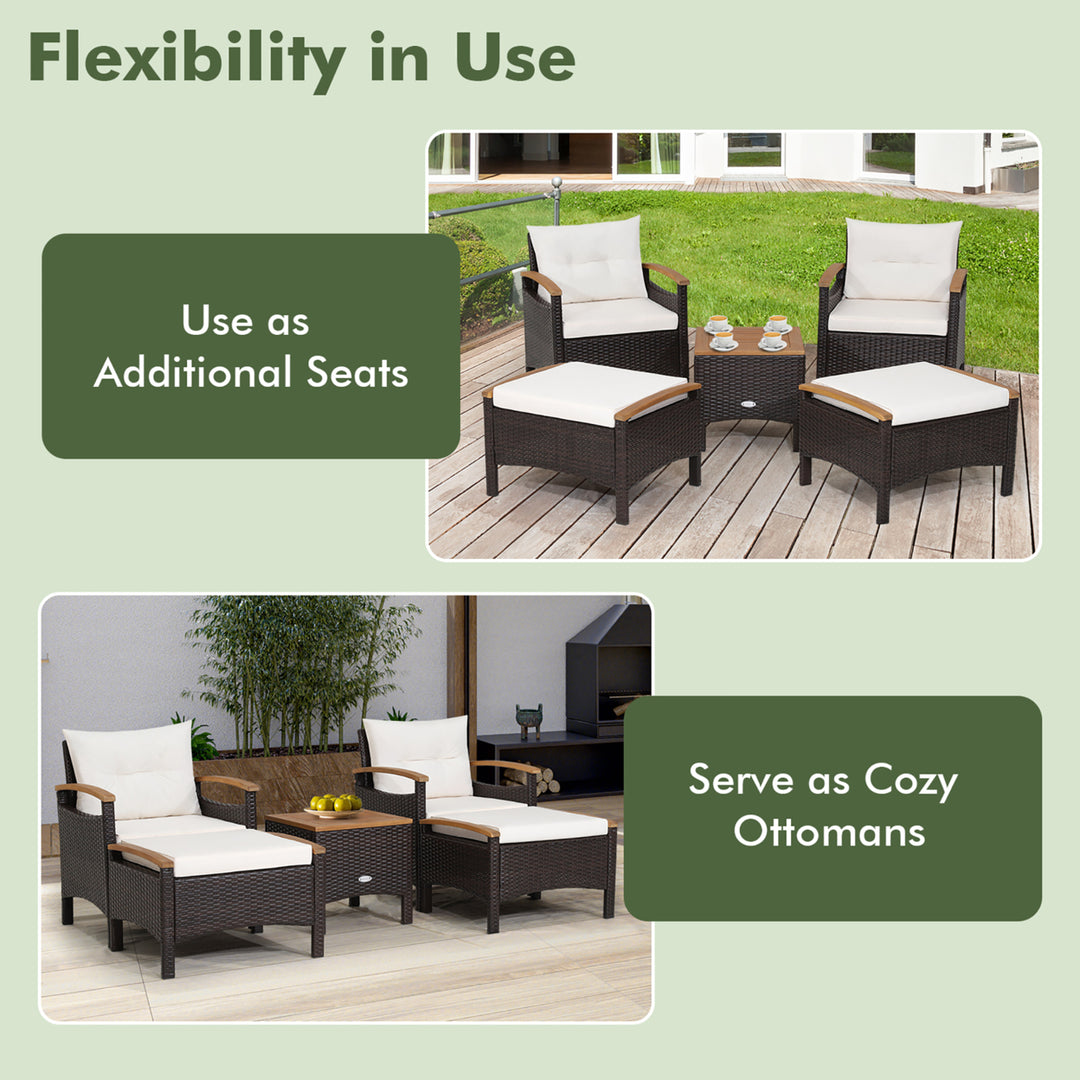 5PCS Outdoor Patio Rattan Furniture Set PE Wicker Lounge Chair w/ Wood Tabletop Image 5