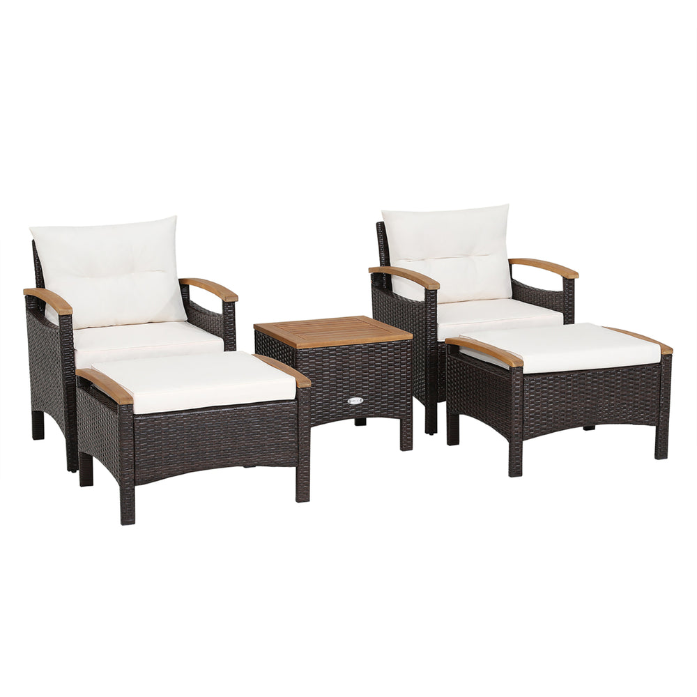 5PCS Outdoor Patio Rattan Furniture Set PE Wicker Lounge Chair w/ Wood Tabletop Image 2