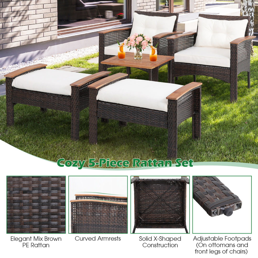 5 PCS Patio Rattan Sofa Set Outdoor Wicker Conversation Set w/ Coffee Table and Cushion Image 7