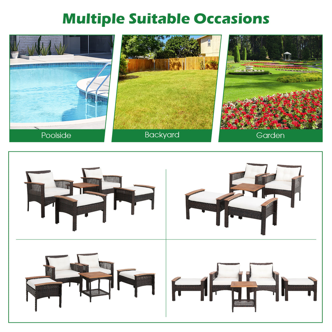 5 PCS Patio Rattan Sofa Set Outdoor Wicker Conversation Set w/ Coffee Table and Cushion Image 8