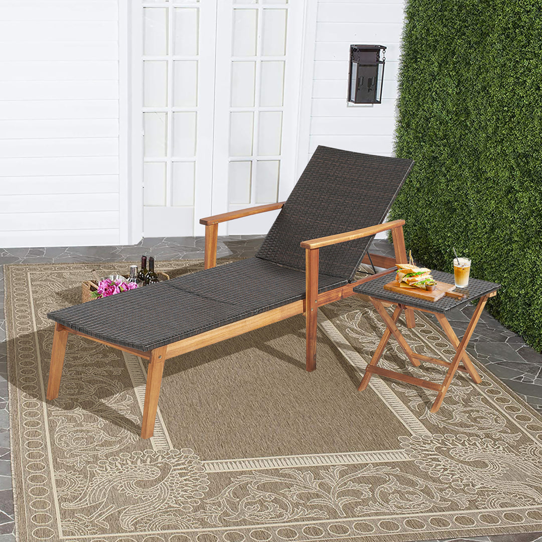 2PCS Patio Lounge Chair Adjustable Recliner Chair Acacia Wood Frame Folding Table Set Image 10